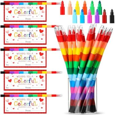 Imagem de Noveread 24 Valentines Cards and Stacking Crayons Set Includes 24 Pcs 12 Colors Buildable Crayons 24 Pcs Valentines Greeting Cards for Boys Girls Classroom Prizes Goodie Bag Fillers Party Supplies