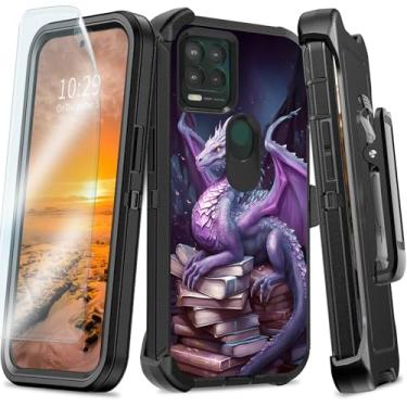 Imagem de Capa para Moto G Stylus 2021 5G com clipe de cinto, capa resistente e durável com suporte e protetor de tela, capa de proteção resistente a quedas para Moto G Stylus 2021 5G, livros dragão roxo