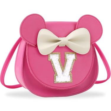Imagem de Presentes de aniversário para meninas de 2, 3, 4, 5, 6, 7, 8, 9 e 10 anos de idade, bolsa infantil infantil para meninas pequenas com laço de orelha de rato personalizado, Branco pequeno rosado, V, V
