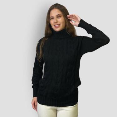 Imagem de Suéter Feminino Tricô Gola Alta Trançado Casual Inverno - GIP, Preto, 
