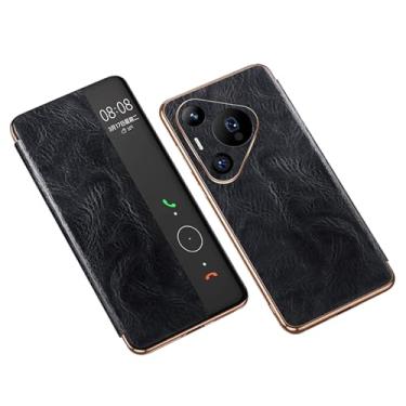 Imagem de HAO RIYLN Capa preta, 70 Pro, para Huawei Pura 70 Ultra/70 Pro +/70 Pro/70, Smart Window View, capa de couro genuíno, retrô, proteção total, à prova de choque