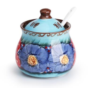 Imagem de silesia Açucareiro feito à mão com tampa e colher, pote de açúcar de cerâmica pintado à mão de 255 g para casa em caixa de presente, decoração de cozinha, forno, lava-louças e micro-ondas, azul