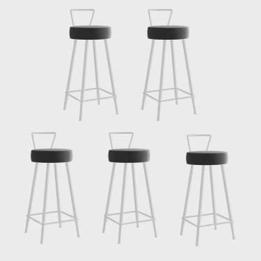 Imagem de Kit 05 Banqueta Alta Com Encosto Tais Eiffel Cozinha Bar Bistrô Ferro Branco Sintético Cinza - Ahz Móveis
