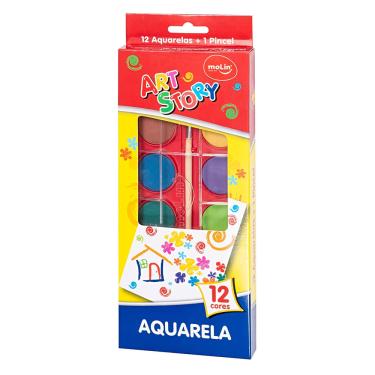 Imagem de Aquarela 12 Cores com Pincel de Madeira Pastilhas 30mm Estojo Plástico INMETRO