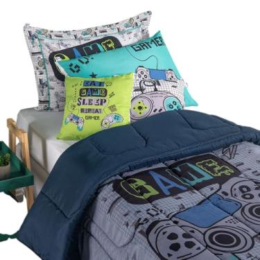 Imagem de Kit 5 Peças Edredom Infantil Juvenil Hipercal 400 Fios Menino Video Game com Almofada