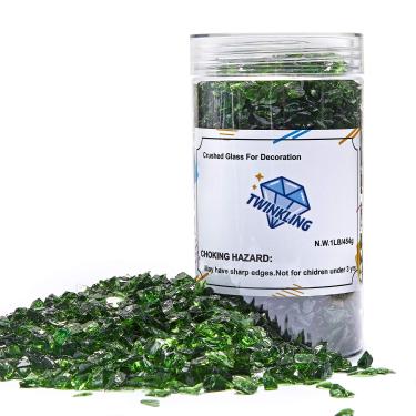 Imagem de TWINKLING Brilho de pedra de cascalho de vidro de fogo de alto brilho, vidro quebrado, lascas de pedras de fogo, vidro triturado para artesanato em fogueira, decoração de jardim de aquário, 3 a 6 mm, frasco de 450 g (verde escuro)