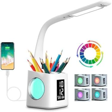 Imagem de Wanjiaone Lâmpada de mesa de estudo 7 em 1 com carregamento USB, tela, calendário, luz noturna colorida, luminária de mesa LED infantil com suporte para caneta, relógio, luz de leitura, 10 W