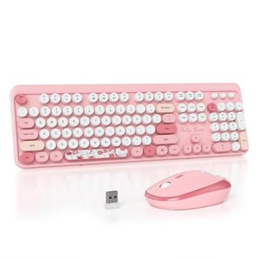 Imagem de Mosptnspg Teclado colorido de 2,4 G, 104 teclas rosa de membrana personalizada, teclas redondas, retrô, máquina de escrever, teclado de escritório para PC/Mac/laptop/tablet/computador Windows (rosa)