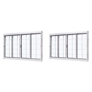 Imagem de Kit Com 2 Janelas De Aço De Correr Central 100x120cm 4 Folhas Com Grade Quadriculada E Vidro Liso Branco