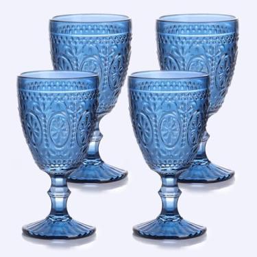 Imagem de abrwyy Conjunto de 4 taças de vinho azuis, taças azuis, copos vintage, conjunto de vidro colorido para festa, casa, casamento, chá de bebê