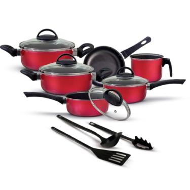 Imagem de Jogo De Panelas Antiaderente 9 Peças Kit Conjunto Teflon Tampa De Vidro Durável(Vermelho)