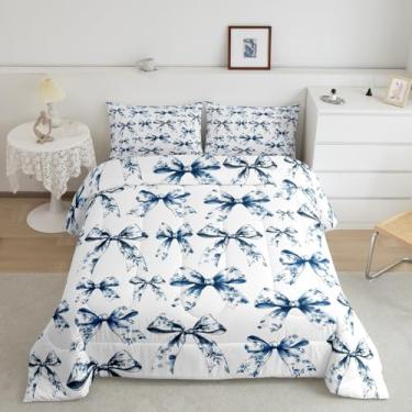 Imagem de Feelyou Conjunto de edredom casal com laço de desenho animado, para meninos e meninas, azul marinho, borboleta, nó de princesa, para crianças, com laço aquarela, patchwork, edredom branco para