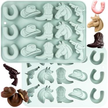 Imagem de Formas de doces de chocolate de caubói, 2 peças de molde de silicone com tema de faroeste com chapéu de caubói em forma de sela de cavalo para decorações de bolo de cupcake, gelatina, fondant, cubo de