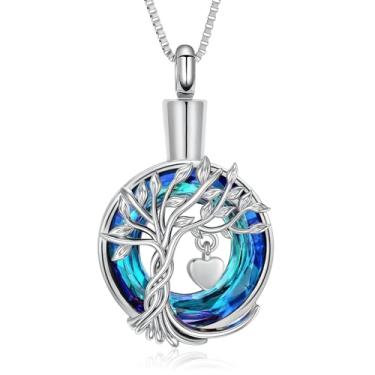 Imagem de QGJNSGC Colar de urna de árvore da vida, joia de cremação, para cinzas, pingente de cinzas de aço inoxidável, círculo de cristal para mulheres e homens, memorial de lembrança para joias e presentes