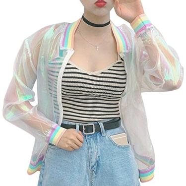 Imagem de Jaqueta feminina com arco-íris holográfico, iridescente, transparente, à prova de sol, festa rave, festival