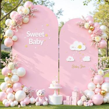 Imagem de Conjunto de 2 capas de fundo de arco de foto rosa para festa de chá de bebê de 2,2 m e 1,8 m, capas de arco, elástico, elastano para meninas, aniversário, casamento, chá de panela, decoração de fundo