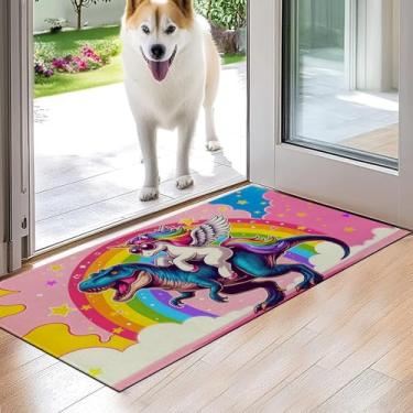 Imagem de VODRM Tapete de porta interno divertido de dinossauro e unicórnio, capacho colorido de fantasia, 43 x 75 cm, tapete de borracha antiderrapante antiderrapante para varanda, cozinha, capachos, presentes