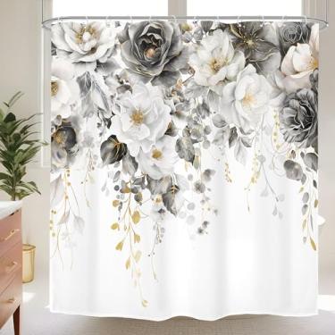Imagem de Omifly Cortina de chuveiro floral preta e branca 182 cm L x 182 cm A flor cinza botânica folha de eucalipto flor moderna aquarela silvestre com 12 ganchos de plástico tecido à prova d'água acessórios