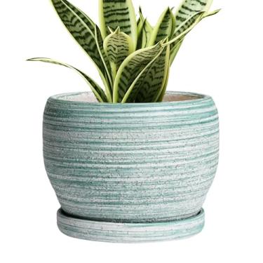 Imagem de SQOWL Vaso de plantas de 15 cm - Vaso de cerâmica com orifício de drenagem e pires, vaso de suculentas redondo para plantas internas e externas, verde escovado