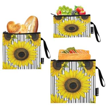 Imagem de susiyo 3 peças de sacos de sanduíche reutilizáveis de girassol em listras com zíper, lancheira escolar, bolsa de maquiagem, fácil de limpar, bolsas de higiene pessoal para viagem, escola, praia