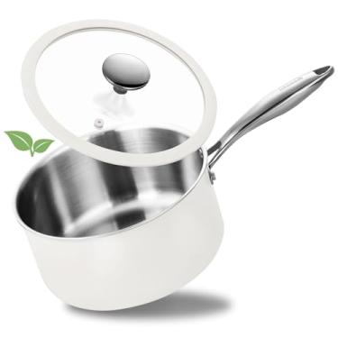 Imagem de SAKAMOSH Panela de aço inoxidável de 3 litros com tampa de vidro, panela de indução compatível com todos os cooktops, panela de molho não tóxica com alça para ficar fresca, pode ir ao forno e à