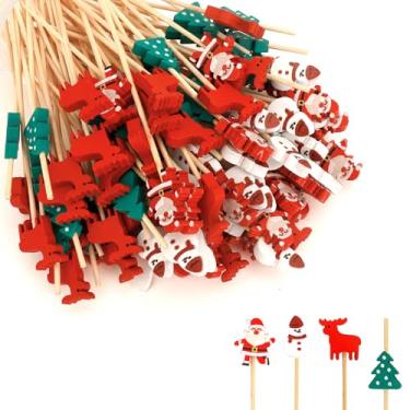Imagem de Palitos de dente de Natal para aperitivos, 100 peças de palitos de coquetel de Natal, palitos de Natal para alimentos, espetos decorativos de bambu, sanduíche, bebidas, sobremesa, para decoração de