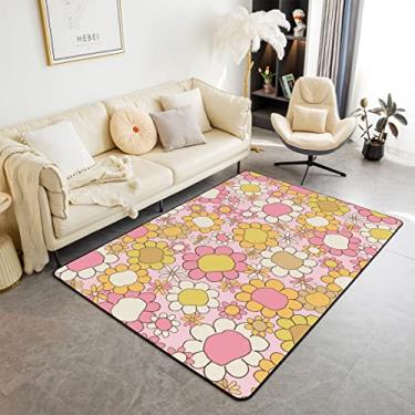 Imagem de Tapete de área de flores Groovy dos anos 60 e 70 1,8 m para cabeceira do quarto, tapetes hippie de flores descoladas para sala de estar para crianças, meninos e meninas, tapete floral vintage