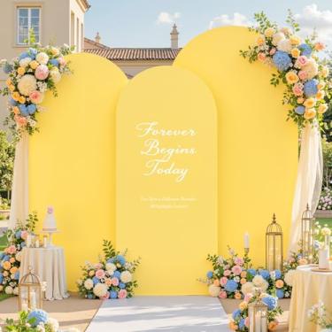 Imagem de Conjunto de 3 capas de arco amarelo - 1,8 m, 1,8 m, arco de 1,8 m, capa de fundo de elastano com elástico para chá de panela, chá de bebê, festa de aniversário, banquete, foto de fundo