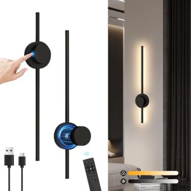 Imagem de AHAWILL Arandelas de parede operadas por bateria, conjunto de dois com controle remoto, 3CCT contínuo, regulável, lâmpada de parede sem fio recarregável por USB, luzes de parede de rotação de 360°