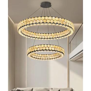 Imagem de dolria Lustres de cristal de 2 anéis para sala de jantar para sala de estar quarto luminária de teto alto LED regulável com anel remoto luzes pretas
