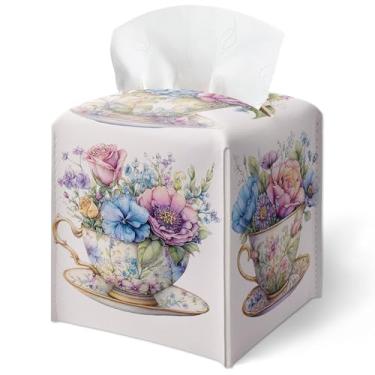 Imagem de Conjunto de chá floral pastel, capa de caixa de lenços vintage para xícara de chá, capa quadrada à prova d'água, decoração de mesa para sala de estar, escritório, decoração de casa estética, presente