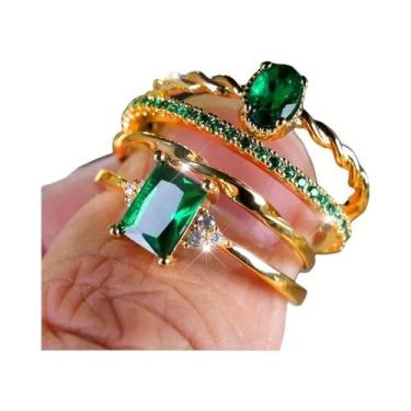 Imagem de Conjunto de 4 Anéis de Zircônia Verde para Mulheres - Ouro Amarelo - P