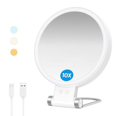 Imagem de AMIR Espelho de maquiagem para viagem com luz, espelho de aumento de dupla face 10X/1X com configuração de 3 cores, suporte de mesa de 360° cosmético para maquiagem/viagem, pinças, cravos, remoção de