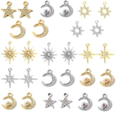 Imagem de Pingentes de metal celestial, 56 peças de pingentes de sol de lua e estrela de lua banhados a ouro e prata, pingentes decorativos de strass de cristal