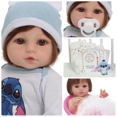 Imagem de Boneca Reborn 100% Vinil Roupa Stitch e Pelúcia + Acessórios - Cegonha