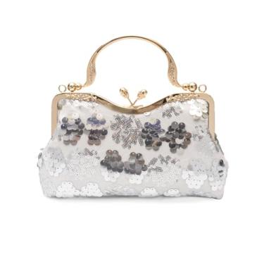 Imagem de CORIOS Bolsa feminina vintage de 1920 para noite de veludo, bolsa clutch com lantejoulas brilhantes, bolsa de casamento, Prata, A, Large