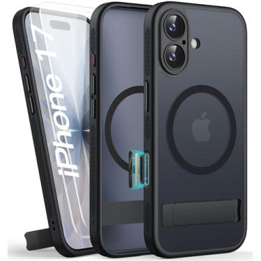 Imagem de BXYJY Capa magnética para iPhone 17 com suporte, 2 protetores de tela de vidro, controle de câmera, compatível com MagSafe, proteção de lentes, grau militar, capa fosca translúcida masculina feminina