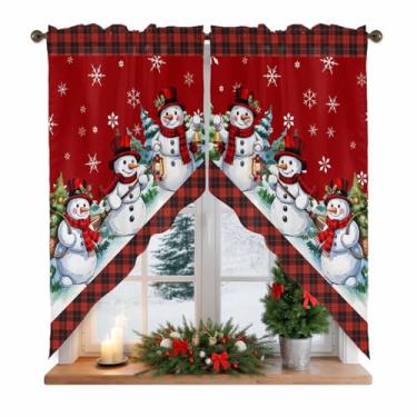 Imagem de Cortina de Natal, boneco de neve, para janela de cozinha, flocos de neve, vermelho, preto, xadrez, tratamento sanefa para banheiro, sala de estar, 2 painéis, L 71 x C 91 cm