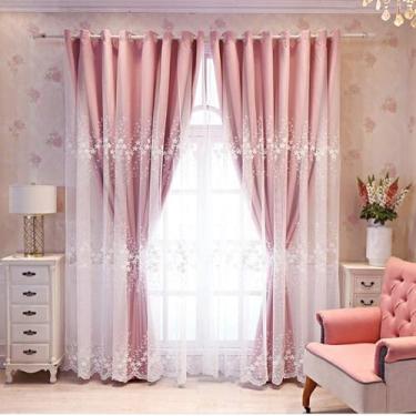 Imagem de Cortina blackout de renda bordada de camada dupla para sala de estar, painel decorativo de voile blecaute duplo moderno, para quarto/varanda, 1 peça, rosa L 400 x A 270 cm