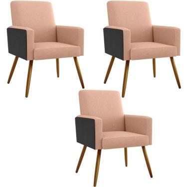 Imagem de Kit 03 Poltronas Decorativa Maria W01 Pés Palito Linho Rosê Couríssimo Preto - Lyam Decor