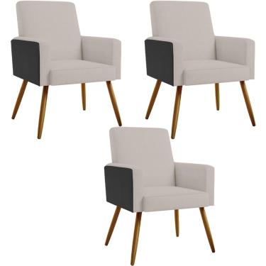 Imagem de Kit 03 Poltronas Decorativa Maria W01 Pés Palito Linho Bege Couríssimo Preto - Lyam Decor