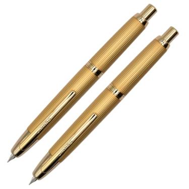 Imagem de Ranvi Caneta-tinteiro Jinhao 10 Press, 2 peças de caneta retrátil de metal (ponta extrafina e ponta fina) com conversor de tinta (dourado estriado)