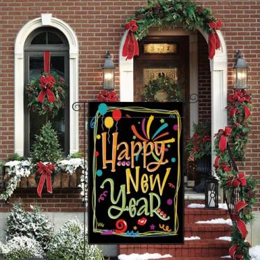 Imagem de Feliz Ano Novo Bandeira de jardim vertical dupla face externa, balão fogos de artifício celebração festa quintal decoração ao ar livre 12,5 x 18 polegadas, mastro de bandeira não incluído