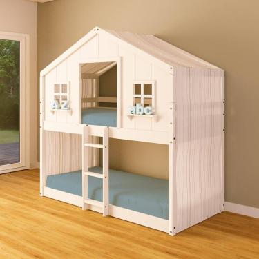 Imagem de Beliche Montessoriano Casinha dos Sonhos com Cortina Madeira Maciça Branco Housin