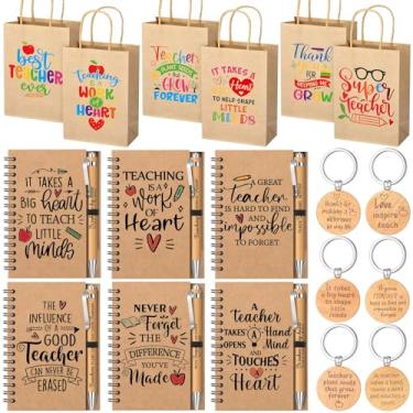 Imagem de Kolldenn 24 peças de presente de agradecimento de professores a granel, presente de professor de estudante, 6 sacos de presente com alças, 6 cadernos em espiral Kraft, 6 canetas esferográficas de
