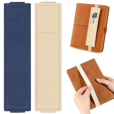 Imagem de Tokusatsu Pacote com 2 porta-canetas elásticas ajustáveis para cadernos, bolsa de couro sintético com faixa elástica, para agendas, agendas, livros, bolsa portátil para caneta, off-white, azul marinho