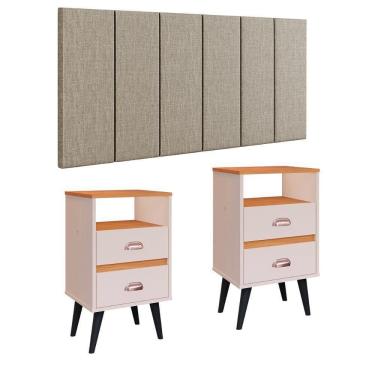 Imagem de Cabeceira Modular Painel Cama Box Casal Queen 1,60 Júlia Bege Linho Jogo Quarto 2 Mesinhas Gavetas Multiuso Vintage Classic New Off/Cinamomo - RPM
