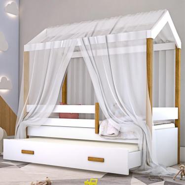 Imagem de Cama Montessori Cabana Com Auxiliar Solteiro E Dossel Branco