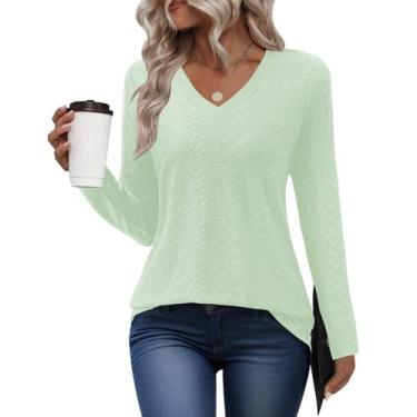 Imagem de Camisas de manga comprida AKEWEI com decote em V para mulheres verde m