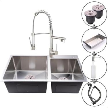 Imagem de SOFTINOX Kit Cuba Dupla Escovada Cozinha Inox 304 78x43 + Torneira Monocomando Gourmet Escovada 2 Saídas – Manta Anti-Ruído, Dispenser, Cesto, Válvulas e Kit Instalação